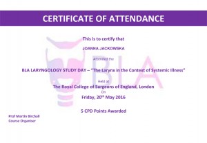 BLA LARYNGOLOGY STUDY DAY CERTIFICATE - JACKOWSKA      